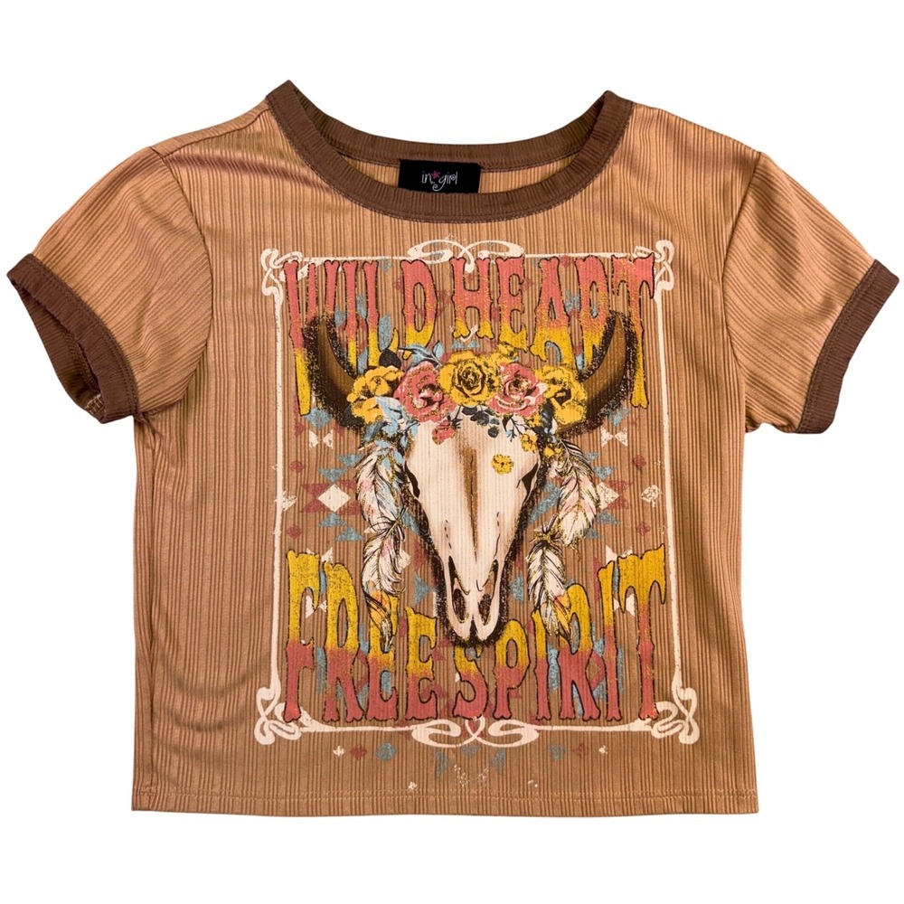 I.N. Girl Youth Shirt Small Brown Ribbed Ringer Graphic T Wild Heart Free Spirit